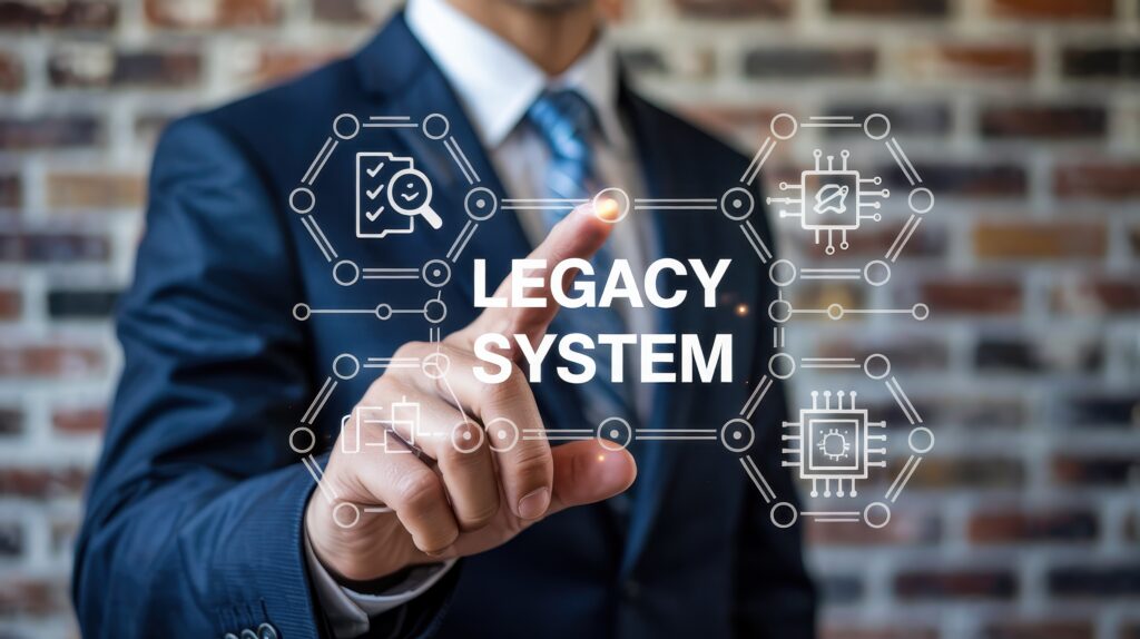 Man pointing at transparent screen with the words "legacy system" in the middle