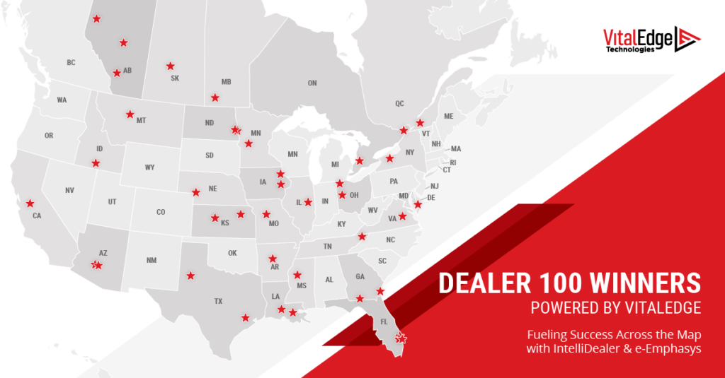 Map of Farm Equipment's Dealer 100 Winners who are IntelliDealer or e-Emphasys clients