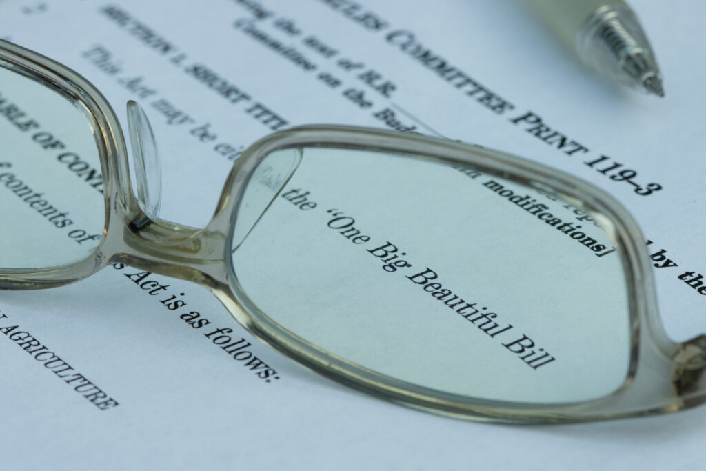Closeup of the documents of the One Big Beautiful Bill Act (OBBBA), a budget reconciliation bill in the 119th United States Congress.