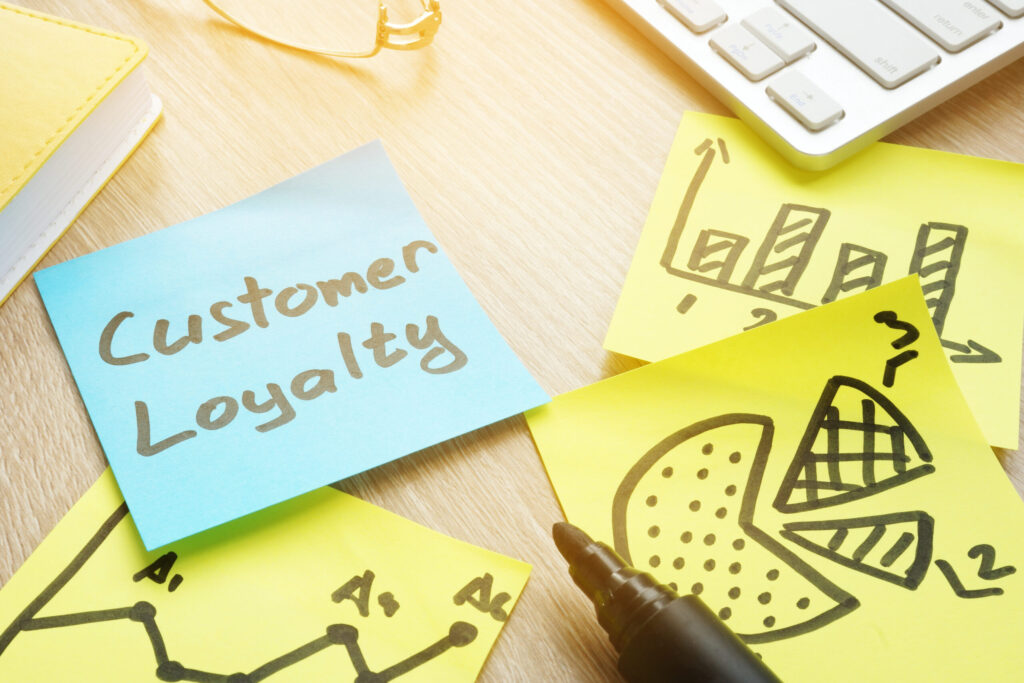 Sticky notes with customer loyalty graphs and insights.