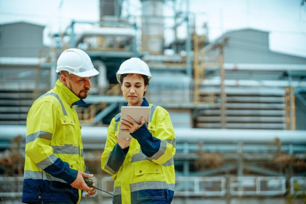 Two workers reviewing data on a tablet outdoors.