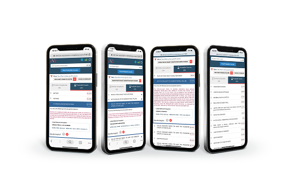 Four smartphones displaying web application interfaces.