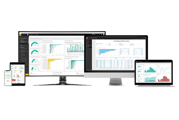Multiple devices displaying data analytics dashboards.