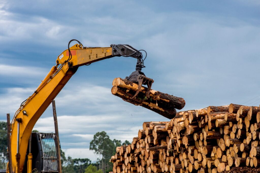 Excavator lifting logs from a stockpile.