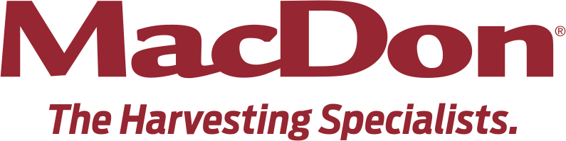 MacDon logo, harvesting specialists.
