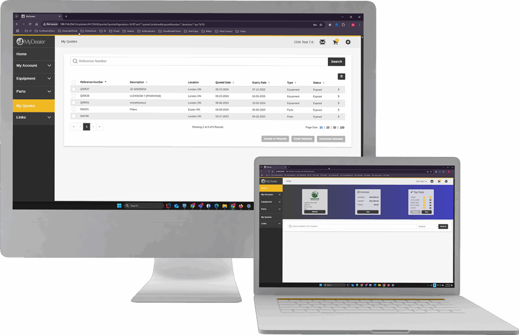 Two laptops displaying MyDealer application interface.