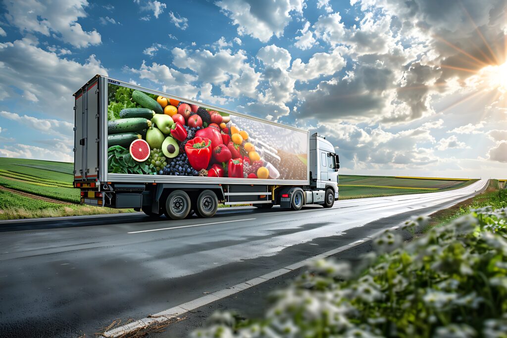Truck transporting fresh fruits and vegetables